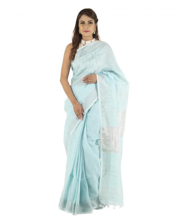 Teal Blue Zari Linen Saree
