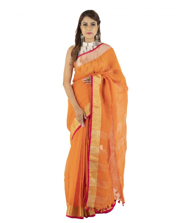 Orange Zari Linen Saree