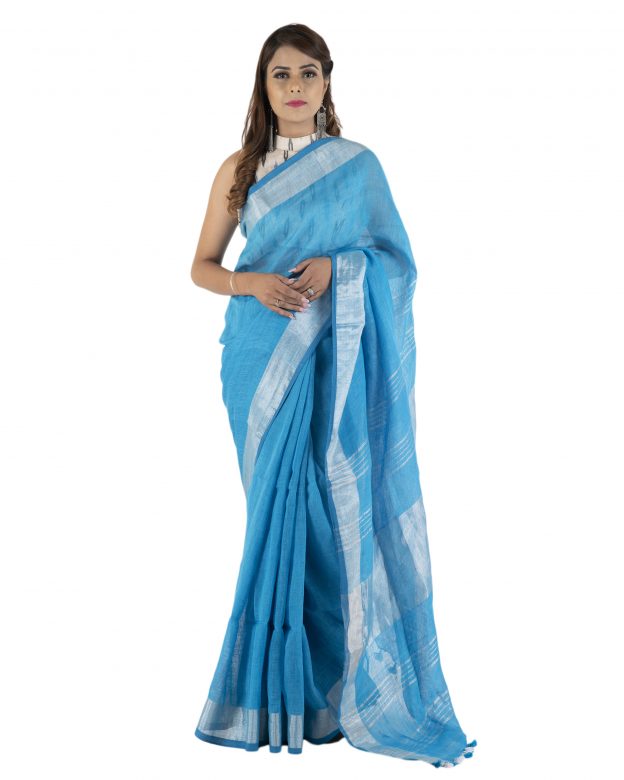 Blue Zari Linen Saree