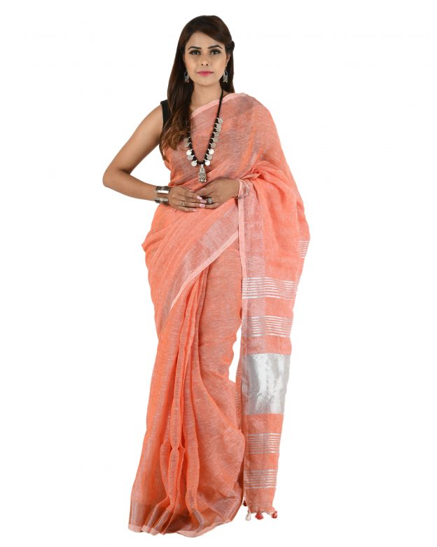 Handwoven Peach Zari Linen Saree
