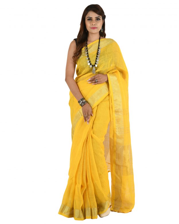 Handwoven Yellow Zari Linen Saree