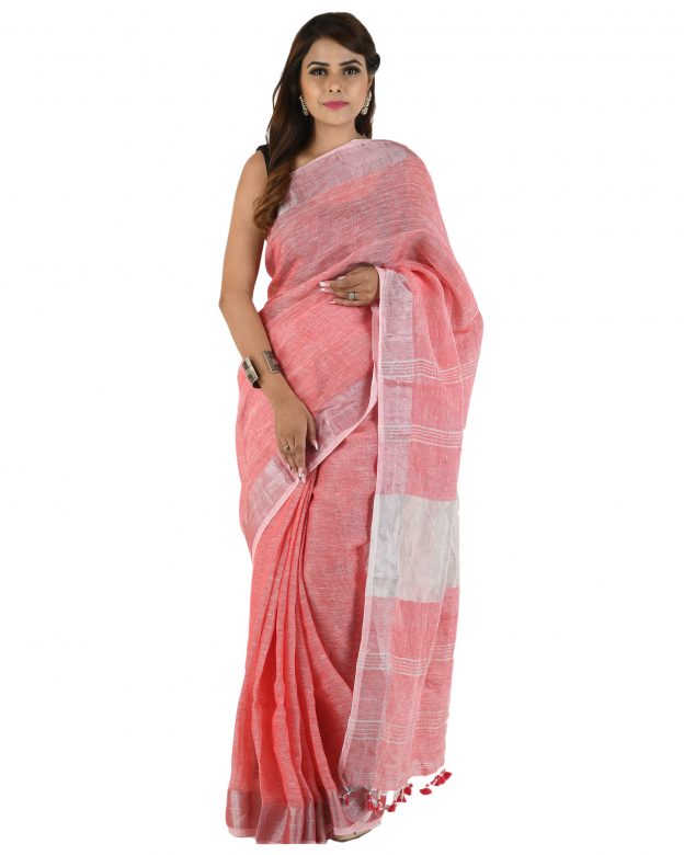 Handwoven Pink Zari Linen Saree