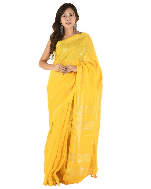 Tribes India Yellow Plain Stripes Linen Saree