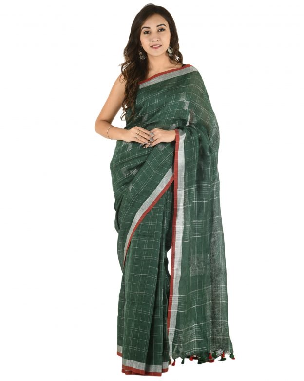 Olive Green Plain Stripes Linen Saree