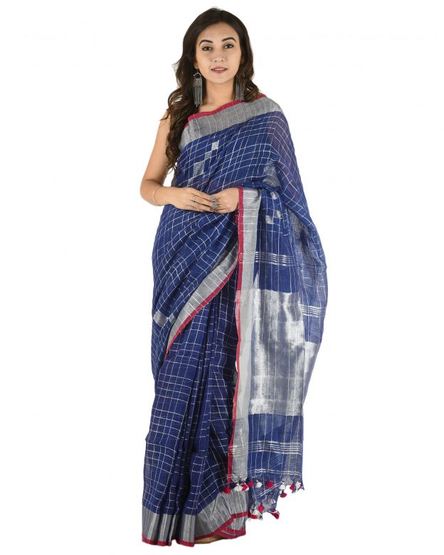 Navy Blue Plain Stripes Linen Saree