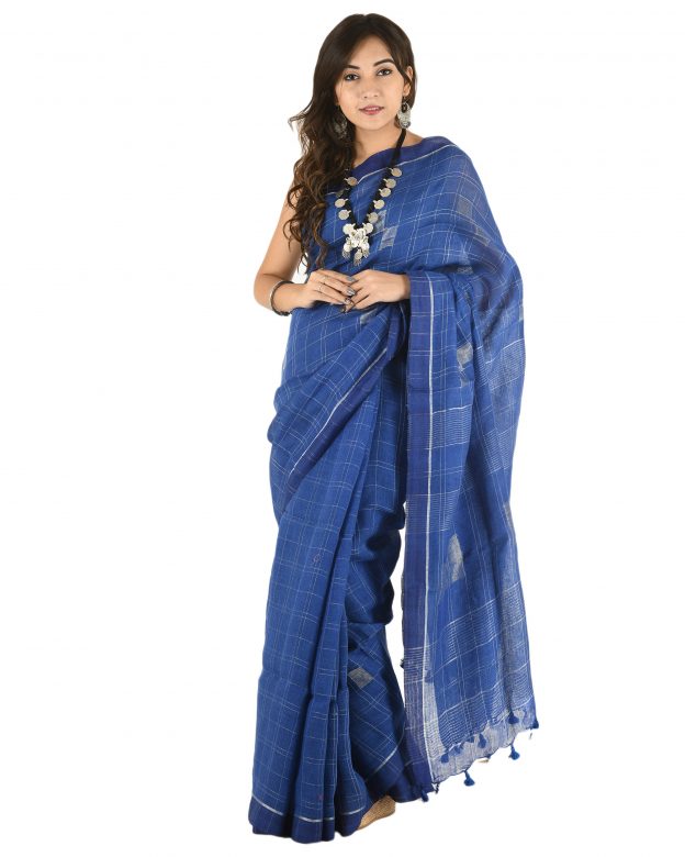 Blue Plain Stripes Linen Saree