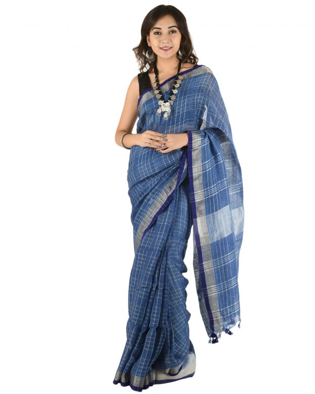 Blue Plain Stripes Linen Saree
