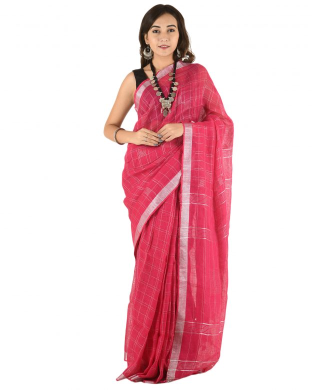 Pink Plain Stripes Linen Saree