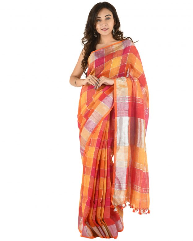 Multicolor Plain Stripes Linen Saree