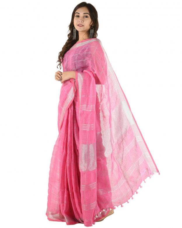 Pink Plain Stripes Linen Saree