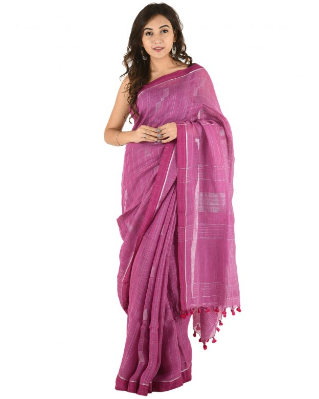 Pink Plain Stripes Linen Saree