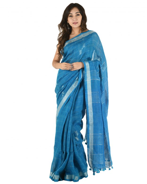Blue Plain Stripes Linen Saree