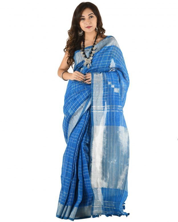 Blue Plain Stripes Linen Saree