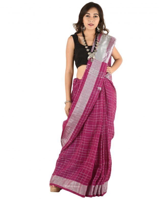 Maroon Plain Stripes Linen Saree
