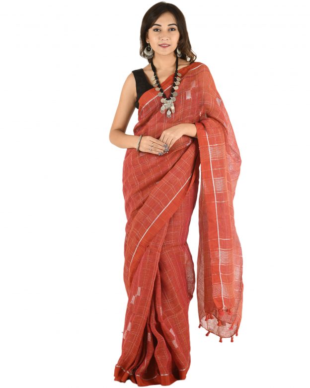 Orange Plain Stripes Linen Saree