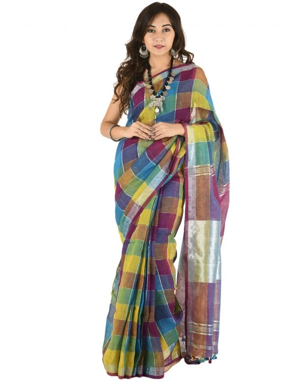 Multicolor Plain Stripes Linen Saree