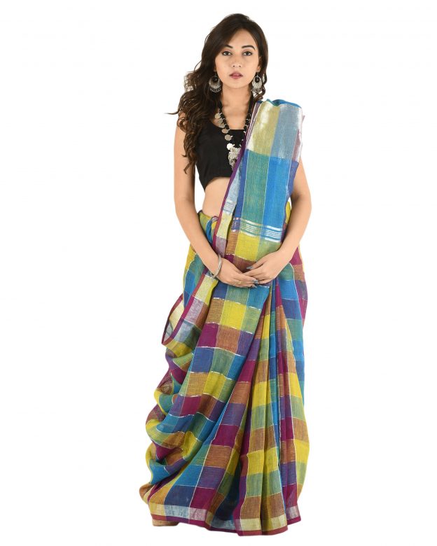 Multicolor Plain Stripes Linen Saree
