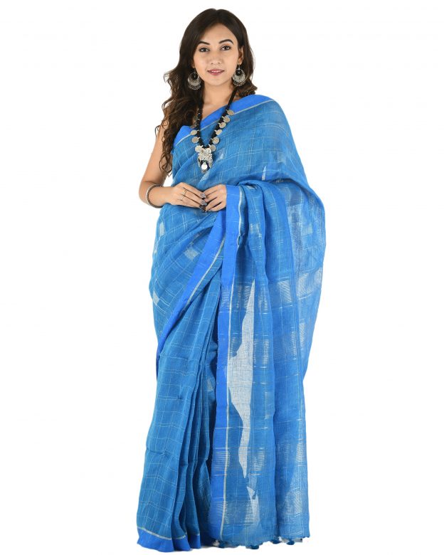 Blue Plain Stripes Linen Saree