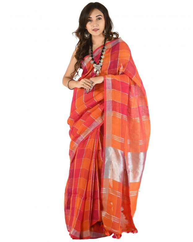 Orange Plain Stripes Linen Saree