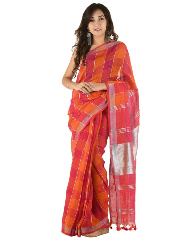 Orange Plain Stripes Linen Saree