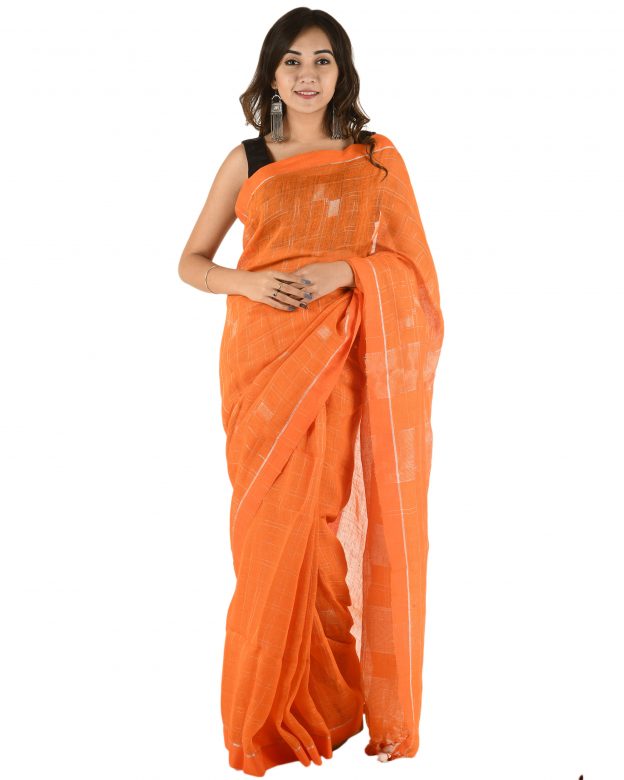 Orange Plain Stripes Linen Saree