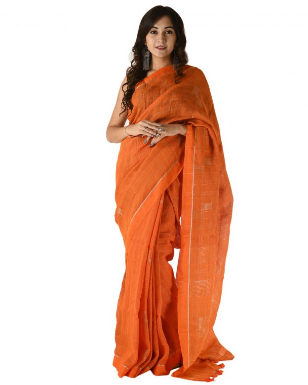 Orange Plain Stripes Linen Saree