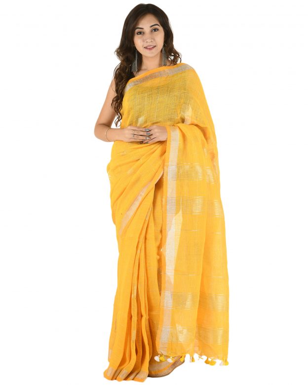 Yellow Plain Stripes Linen Saree