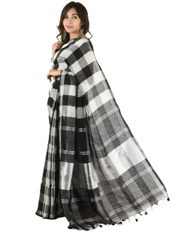 Black and White Plain Stripes Linen Saree
