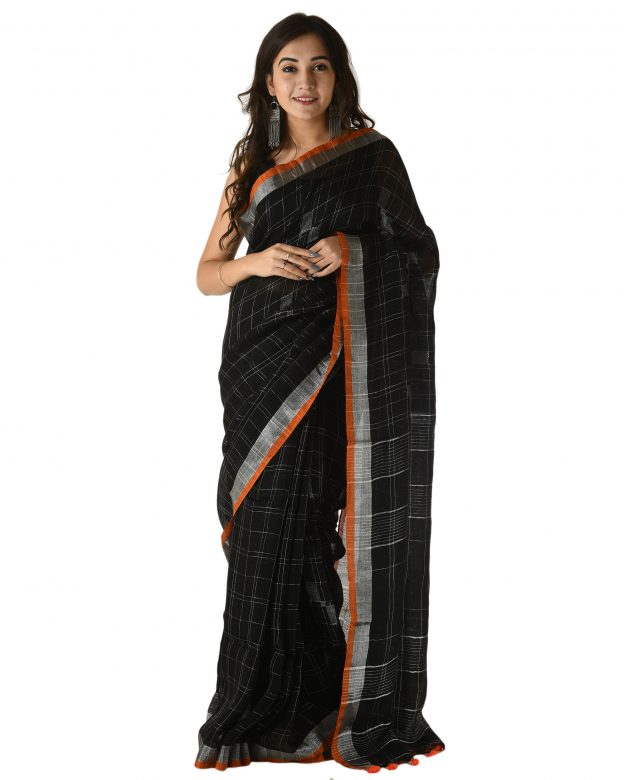 Black Plain Stripes Linen Saree