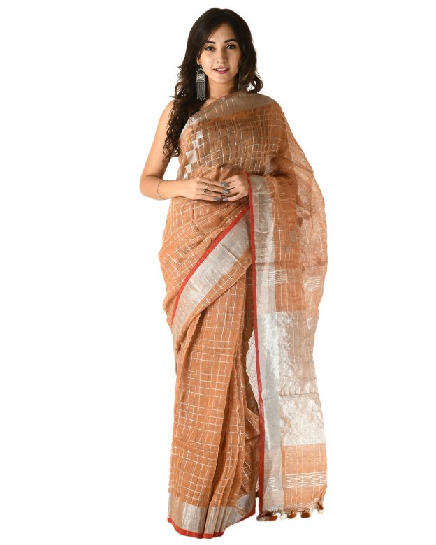 Tan Brown Plain Stripes Linen Saree