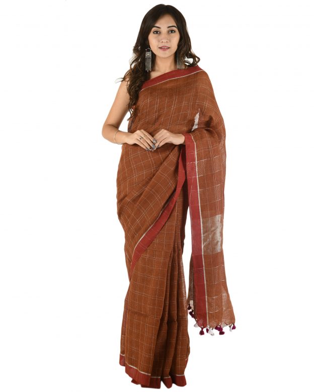 Brown Plain Stripes Linen Saree