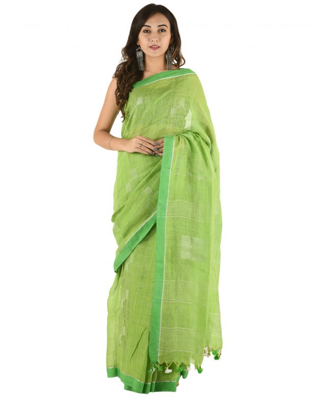 Green Plain Stripes Linen Saree