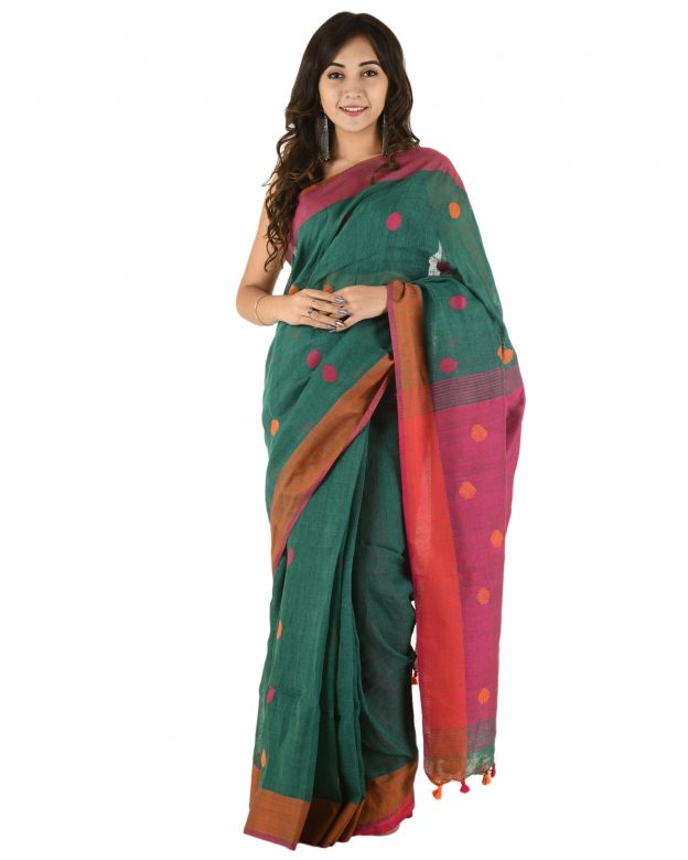 Green Jamdani Plain Stripes Linen Saree