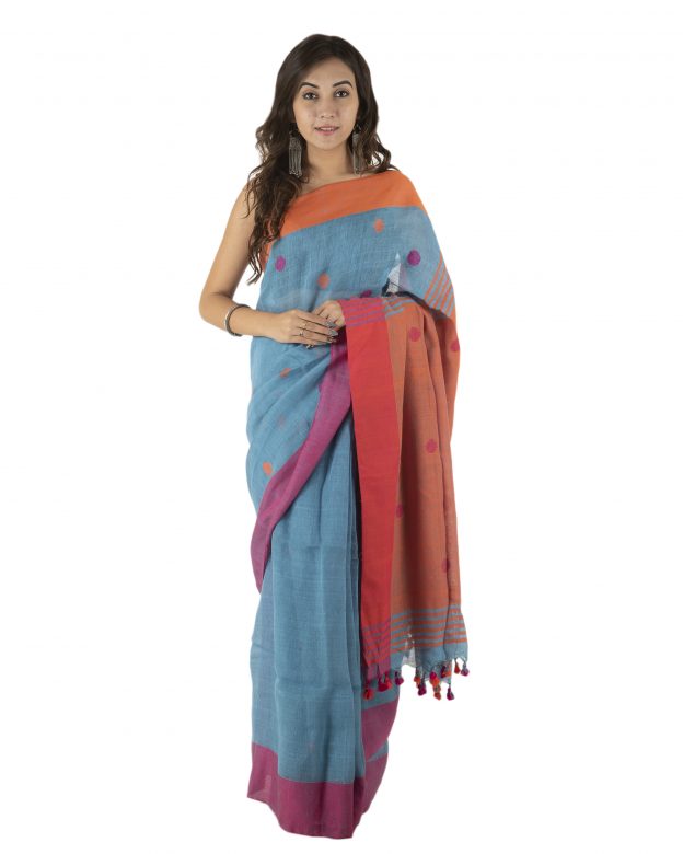 Blue Jamdani Plain Stripes Linen Saree