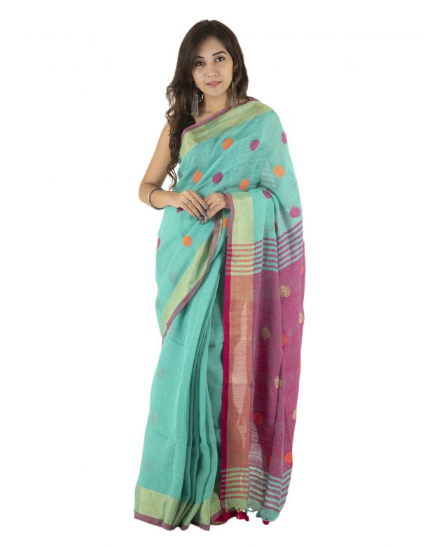 Multicolor Jamdani Plain Stripes Linen Saree