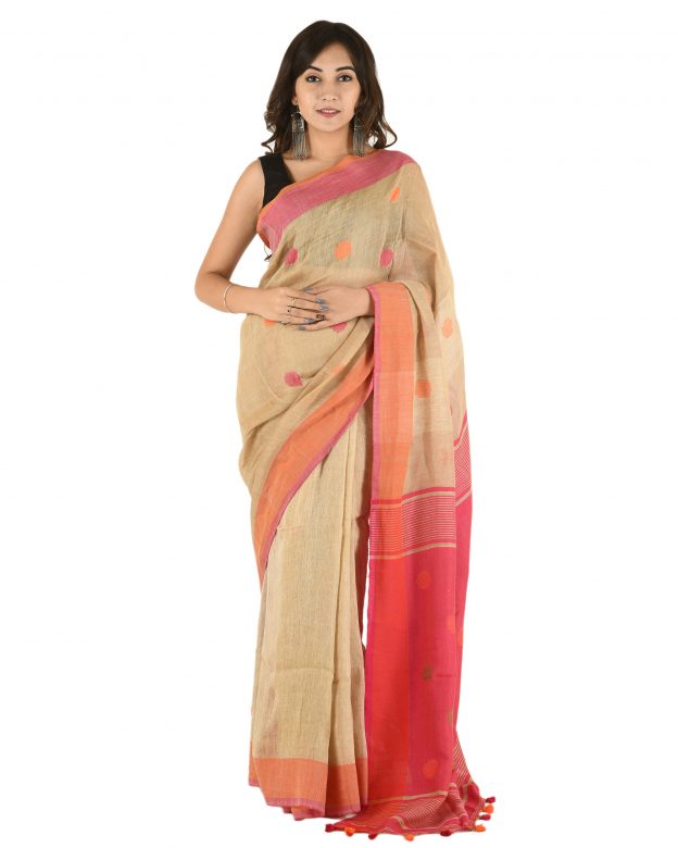Beige Jamdani Plain Stripes Linen Saree