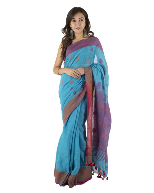 Blue Jamdani Plain Stripes Linen Saree