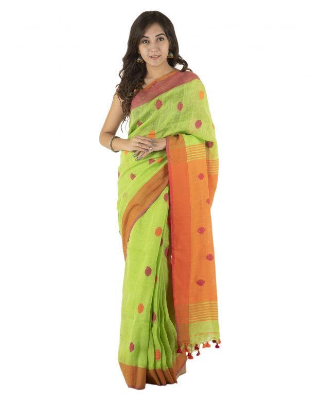 Green Jamdani Plain Stripes Linen Saree