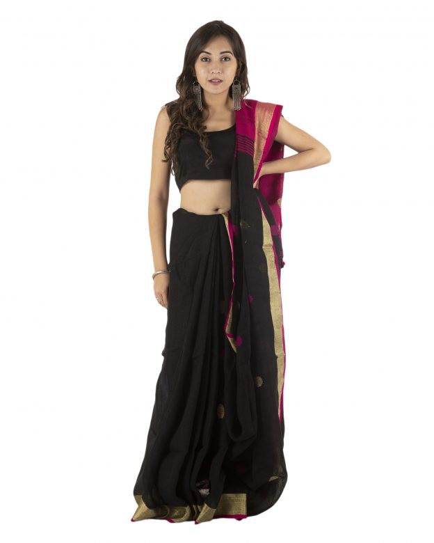 Black Jamdani Plain Stripes Linen Saree