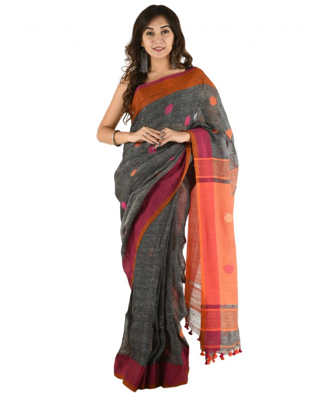 Grey Jamdani Plain Stripes Linen Saree