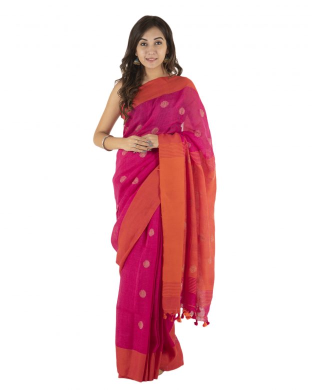 Pink Jamdani Plain Stripes Linen Saree