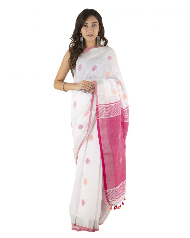 White Jamdani Plain Stripes Linen Saree