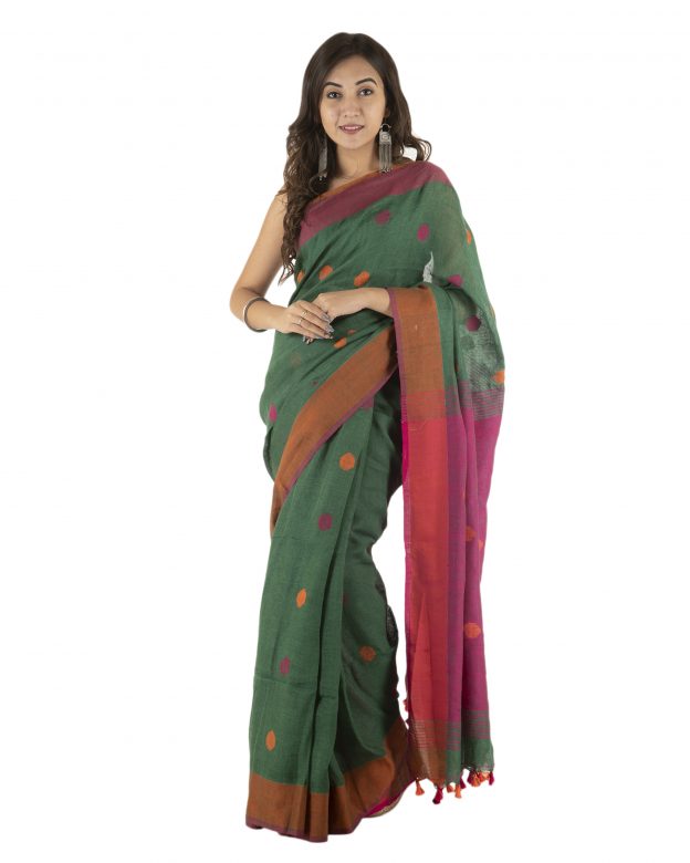 Olive Green Jamdani Plain Stripes Linen Saree
