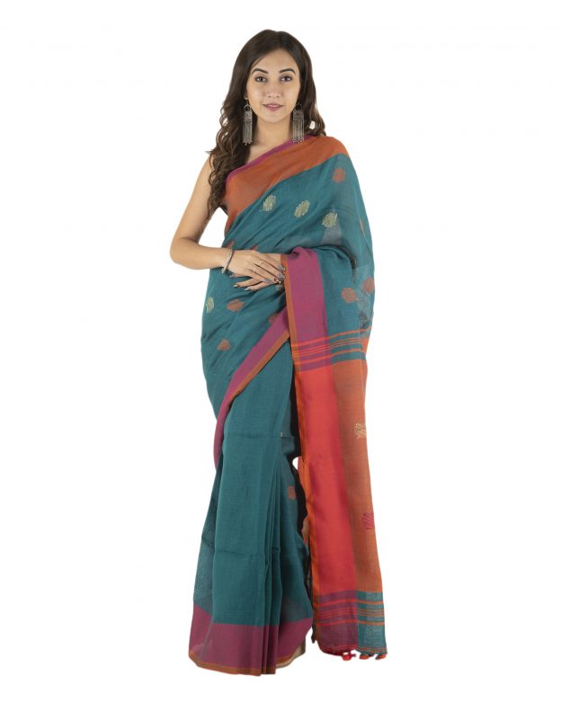 Multicolor Jamdani Plain Stripes Linen Saree