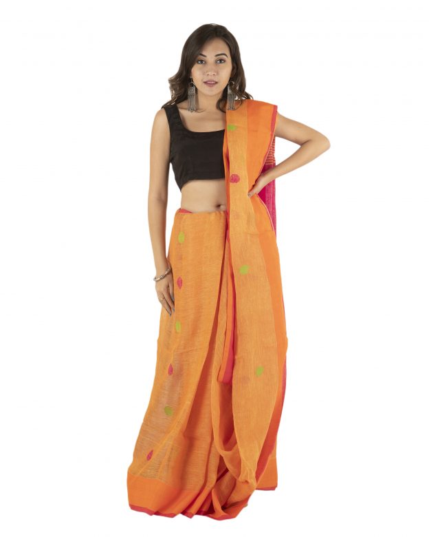 Yellow Jamdani Plain Stripes Linen Saree
