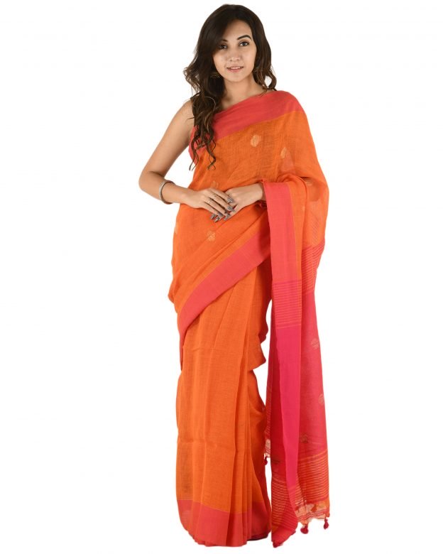 Orange Jamdani Plain Stripes Linen Saree