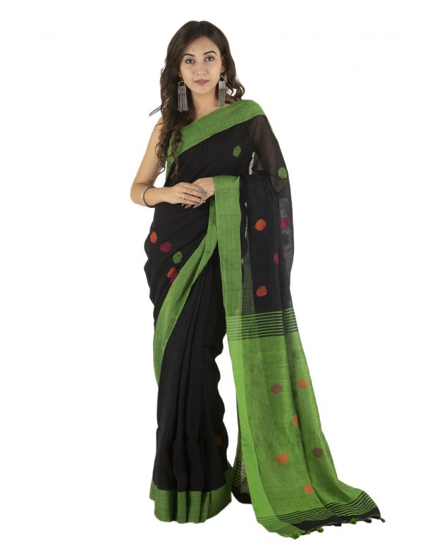 Black Jamdani Plain Stripes Linen Saree