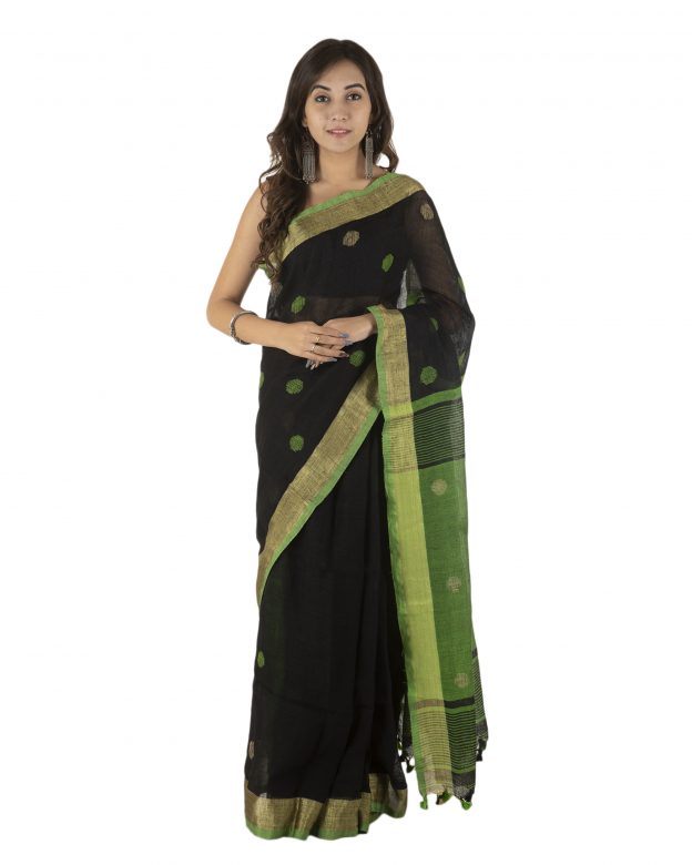 Black Jamdani Plain Stripes Linen Saree