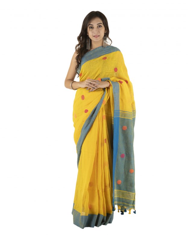 Yellow Jamdani Plain Stripes Linen Saree