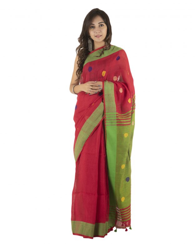 Red Jamdani Plain Stripes Linen Saree